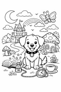 tegning af hund i eventyrland – storybook style