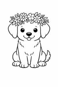 tegning af hund med blomsterkrans – cottagecore
