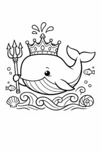 tegning af hval med krone som havkonge – fairy tale