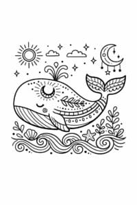 tegning af hval i boho havstil – boho illustration