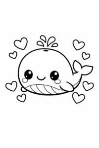 tegning af hval med hjerter omkring sig – cute kawaii