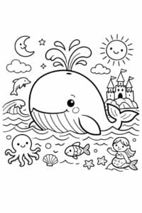 tegning af hval i eventyrhav – storybook style