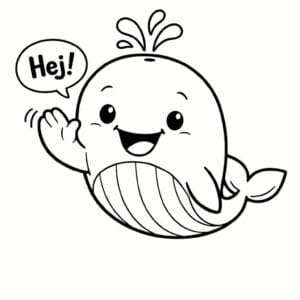 tegning af glad hval vinker hej - simple cartoon