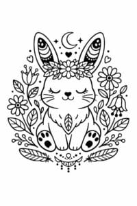 tegning af kanin i boho blomsterstil – boho illustration
