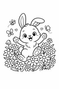 tegning af kanin leger i blomster – playful cartoon