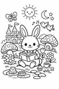tegning af kanin i eventyrhave – storybook style