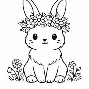 tegning af kanin med blomsterkrans - cottagecore
