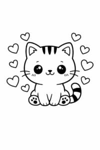 tegning af kat med hjerter omkring sig – cute kawaii