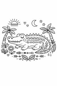 tegning af krokodille i boho junglestil – boho illustration