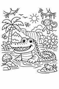 tegning af krokodille i eventyrjunglen – storybook style