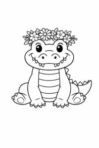tegning af krokodille med blomsterkrans – cottagecore
