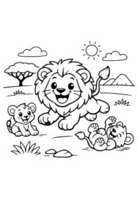 tegning af løve leger på savannen – playful cartoon