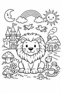 tegning af løve i eventyrland – storybook style