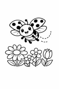 tegning af mariehøne flyver over blomster – playful cartoon