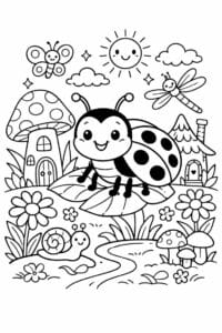 tegning af mariehøne i eventyrhave – storybook style