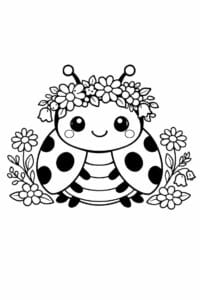 tegning af mariehøne med blomsterkrans – cottagecore