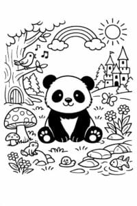 tegning af panda i eventyrskov – storybook style