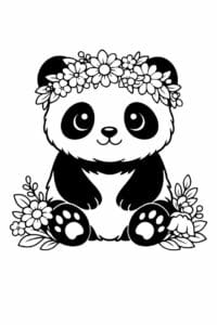 tegning af panda med blomsterkrans – cottagecore