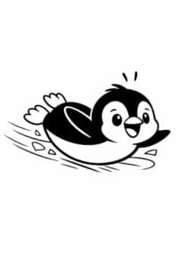 tegning af pingvin glider på is – playful cartoon