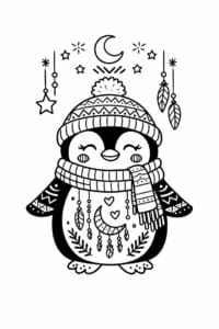 tegning af pingvin i boho vinterstil – boho illustration