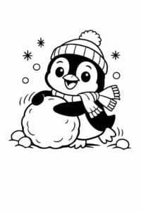tegning af pingvin leger med snebold – playful cartoon