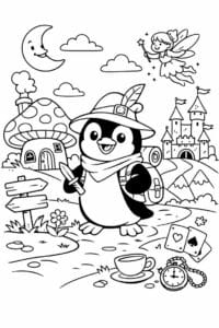 tegning af pingvin i eventyrland – storybook style