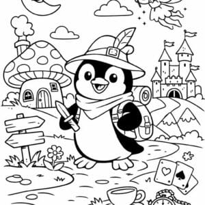 tegning af pingvin i eventyrland - storybook style