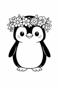 tegning af pingvin med blomsterkrans – cottagecore