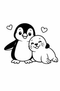 tegning af pingvin og sæl bliver venner – friendly cartoon