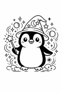 tegning af pingvin med magisk glød – whimsical fantasy