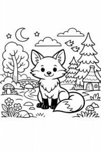 tegning af ræv i eventyrskov – storybook style