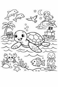 tegning af skildpadde i eventyrhav – storybook style