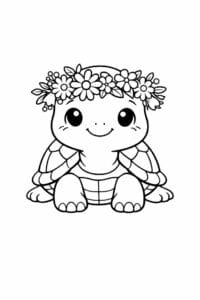 tegning af skildpadde med blomsterkrans – cottagecore