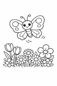 tegning af sommerfugl flyver over blomster – gentle cartoon