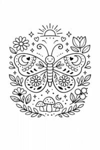 tegning af sommerfugl i boho blomsterstil – boho illustration