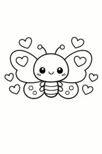 tegning af sommerfugl med hjerter omkring sig – cute kawaii