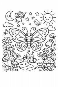 tegning af sommerfugl i eventyrhave – storybook style