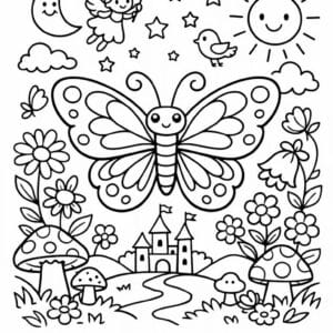 tegning af sommerfugl i eventyrhave - storybook style