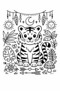 tegning af tiger i boho junglestil – boho illustration