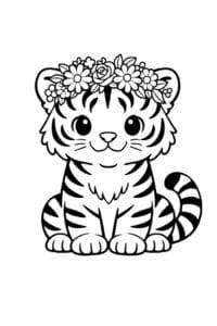 tegning af tiger med blomsterkrans – cottagecore