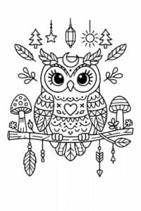 tegning af ugle i boho skovstil – boho illustration