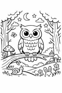 tegning af ugle i eventyrskov – storybook style
