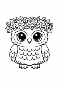 tegning af ugle med blomsterkrans – cottagecore