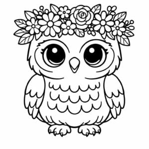 tegning af ugle med blomsterkrans - cottagecore