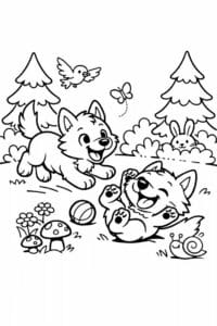 tegning af ulv leger i skoven – playful cartoon