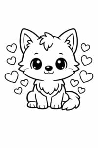 tegning af ulv med hjerter omkring sig – cute kawaii