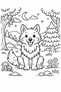 tegning af ulv i eventyrskov – storybook style