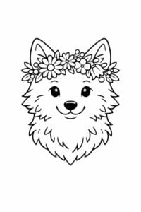 tegning af ulv med blomsterkrans – cottagecore