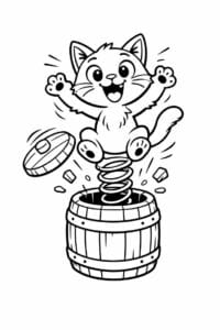 tegning af kat springer ud af tønde – playful cartoon