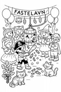 tegning af fastelavnsfest i børnehave – storybook style